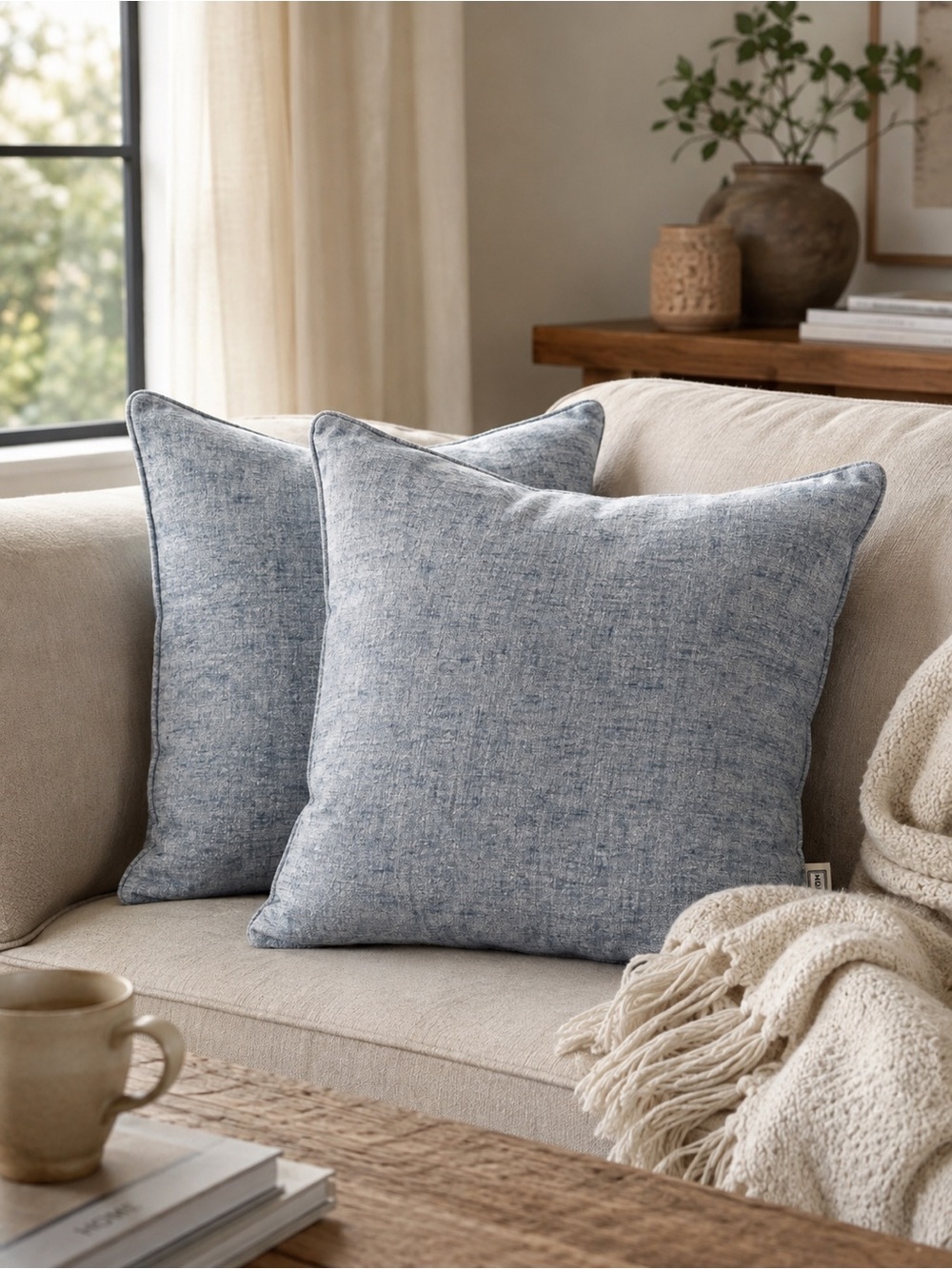 Hunter | Blue Heathered Velvet-like Texture Throw Pillow Covers 20x20 (2 count)
